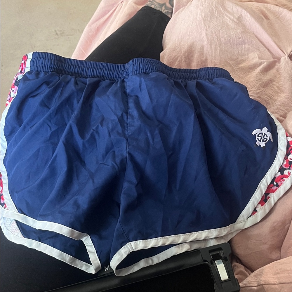 Simply Southern Navy Women's Athletic Shorts with White and Pink Accents